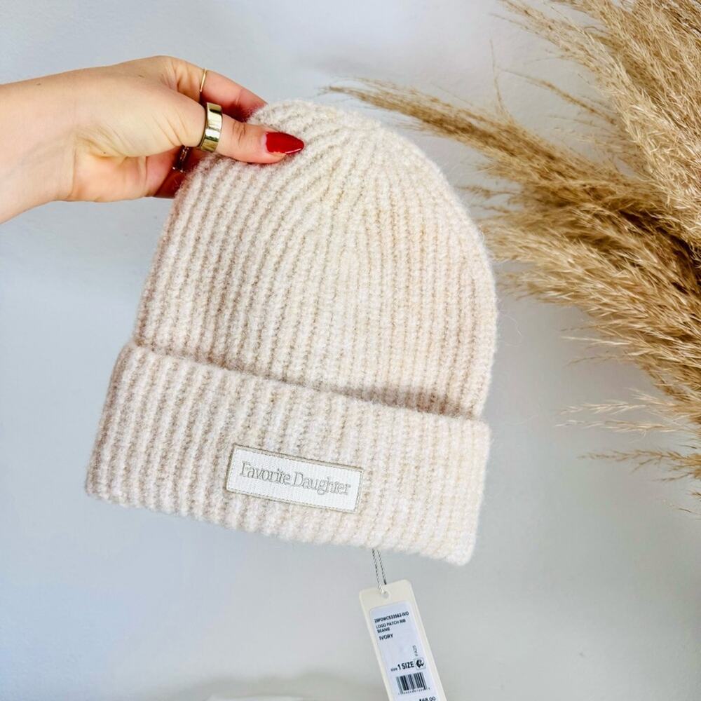 NEW FAVORITE DAUGHTER Cream Beige Tan Logo Ribbed Knit Cuff $78 Beanie Hat Cap